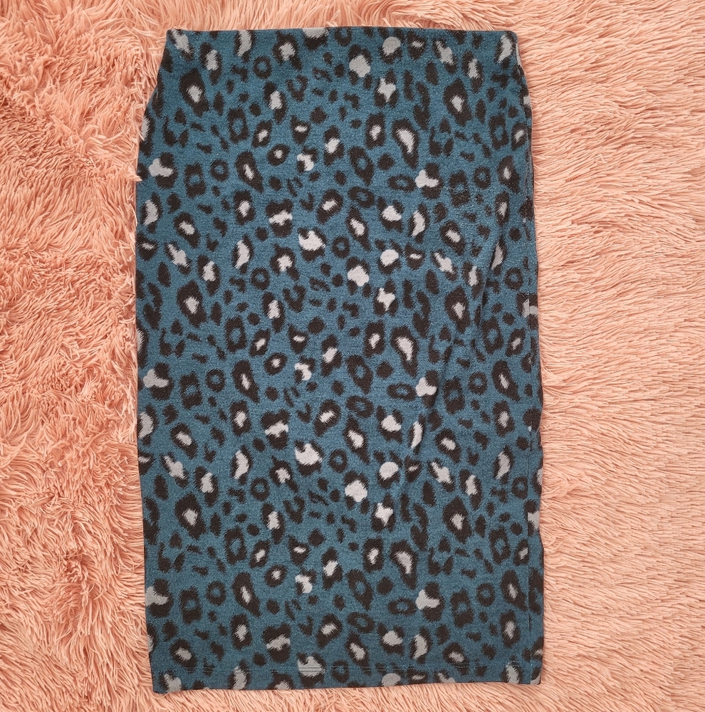Cyan blue fuzzy leopard pencil skirt